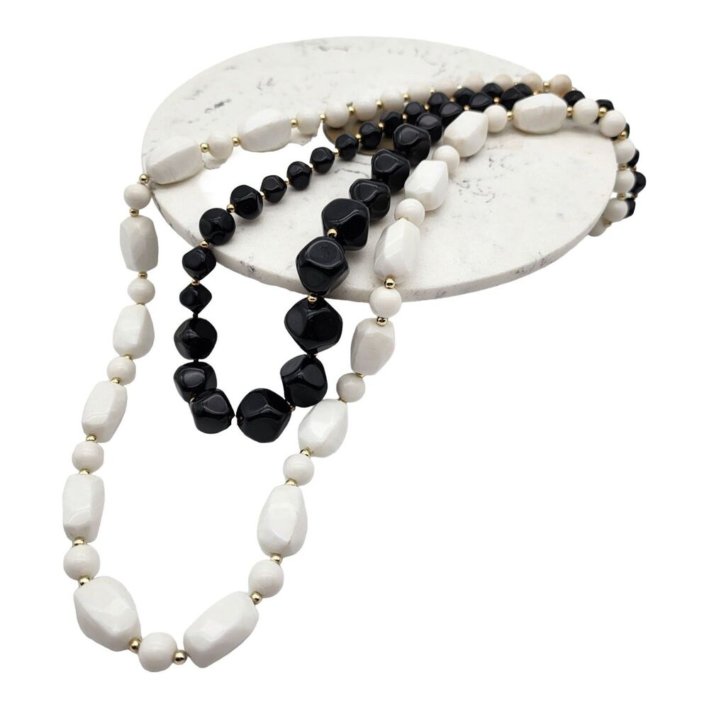 Lot of 2 Vintage Plastic Beaded Necklaces White 30", Black 24"